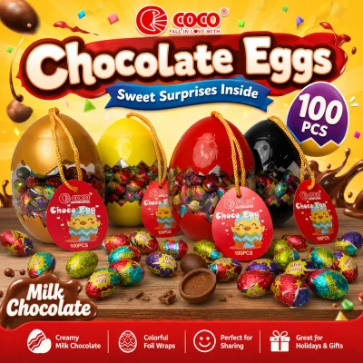 COCO Chocolate Eggs 100PCS 500g | Milk Chocolate Candy with Colorful Foil Wraps, Cute Egg Gift Pack, Sweet Surprise Snack for Kids, Parties, Gifts & Sharing