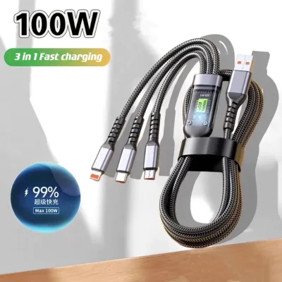100W 3-in-1 Supercharging Cable Micro USB Type-C iOS Fast Charger Bold Upgrade Data Cable Suitable for Samsung Android iOS Portable